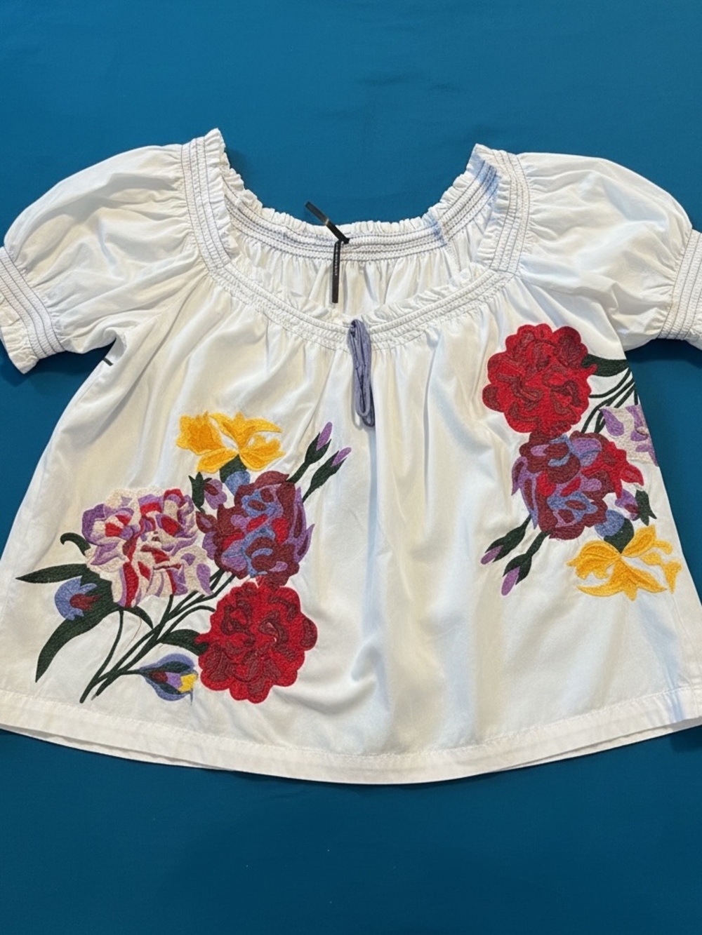 By Anthropologie Puff Sleeve Tie Front Floral Embroidered Blouse Like Nee Large - Picture 4 of 5